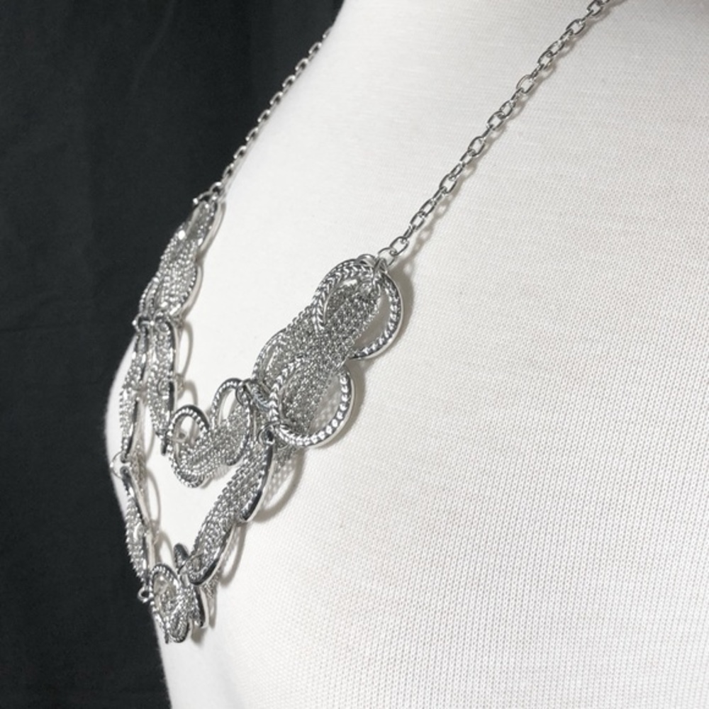 Long Double Row Chain Rings Silver Necklace Set - Picture 2 of 3